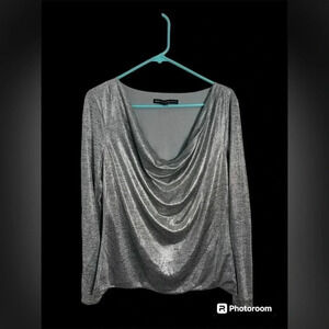 White House Black Market Long Sleeve Scoop Neck Silver long Sleeve Top Medium